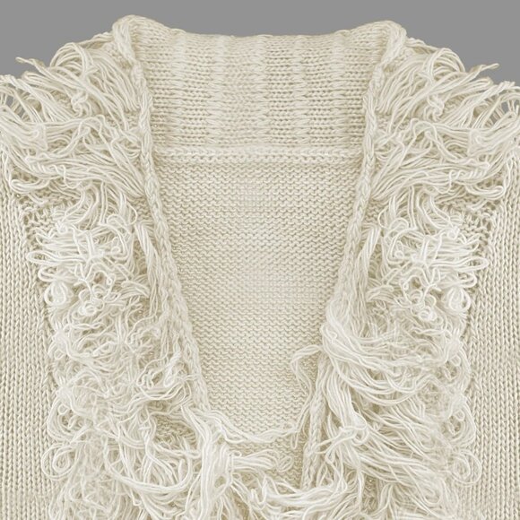 Cream Loop Fringes Knitted Cardigan Jacket M - Picture 4 of 7